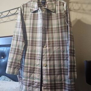 GAP Brown Plaid Trench Coat with Pink and Green Accents